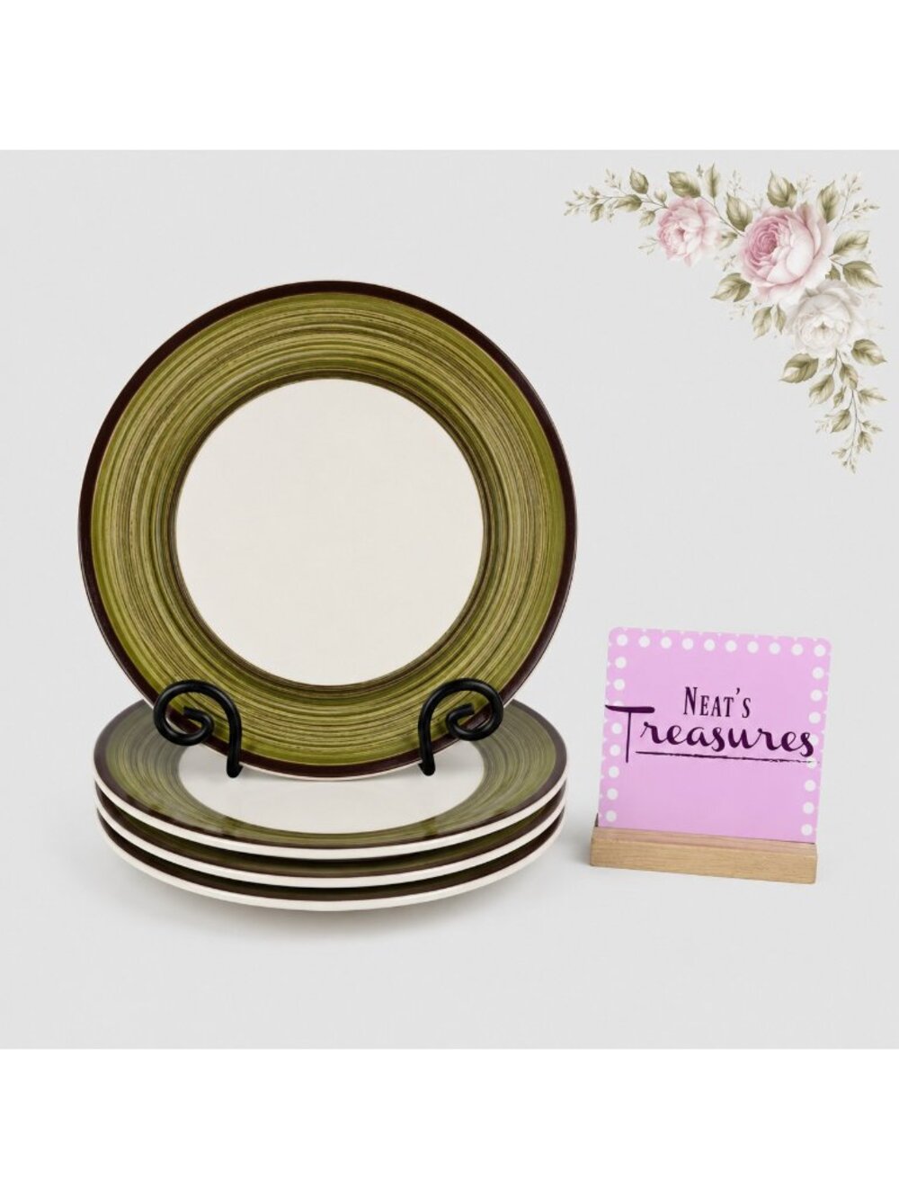 Genmert Mulberry Home Collection Green Brown Rings Ceramic Dinner Plates Set 4